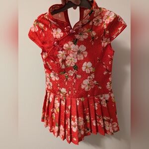 Floral Red Dress with Pleated Skirt